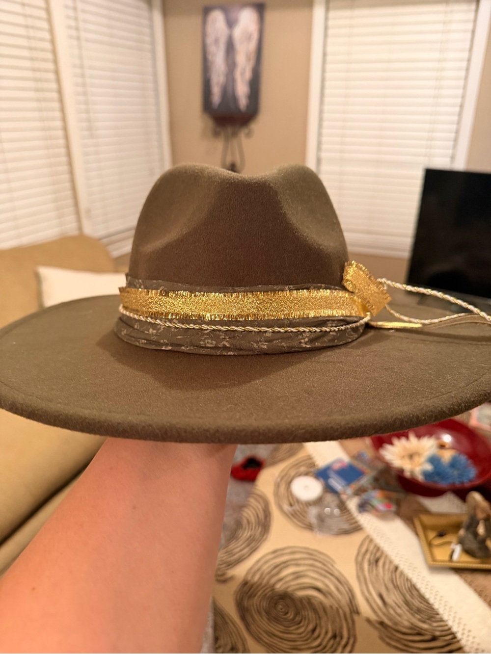 Olive Green Wool Felt Fedora Hat with Gold Trim